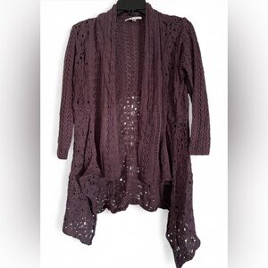 Cabi Crochet Plum 3/4 Sleeve Waterfall Cardigan Womens Size Small